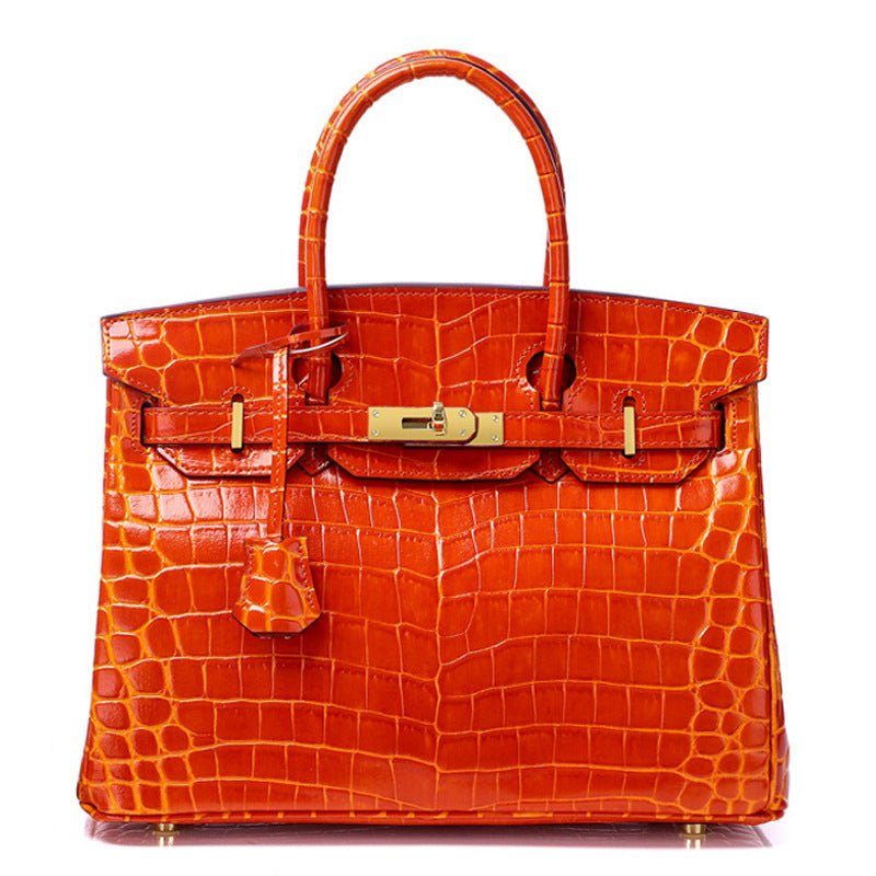 Crocodile - Embossed Structured Leather Handbag – Elegant Satchel with Gold Hardware - in Orange | Arvea Bags