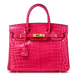 Crocodile - Embossed Structured Leather Handbag – Elegant Satchel with Gold Hardware - in Pink | Arvea Bags