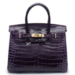 Crocodile - Embossed Structured Leather Handbag – Elegant Satchel with Gold Hardware - in Purple | Arvea Bags
