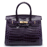 Crocodile - Embossed Structured Leather Handbag – Elegant Satchel with Gold Hardware - in Purple | Arvea Bags