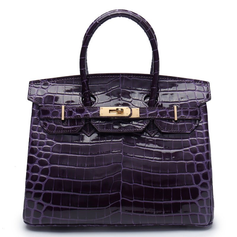 Crocodile - Embossed Structured Leather Handbag – Elegant Satchel with Gold Hardware - in Purple | Arvea Bags