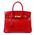 Crocodile - Embossed Structured Leather Handbag – Elegant Satchel with Gold Hardware - in Red | Arvea Bags