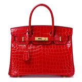 Crocodile - Embossed Structured Leather Handbag – Elegant Satchel with Gold Hardware - in Red | Arvea Bags