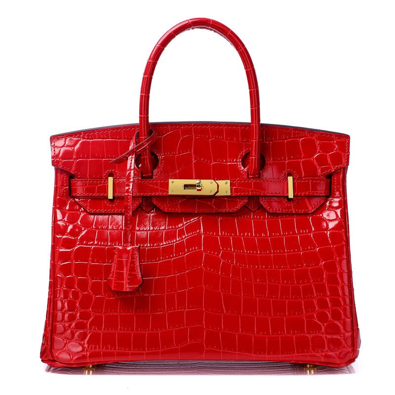 Crocodile - Embossed Structured Leather Handbag – Elegant Satchel with Gold Hardware - in Red | Arvea Bags