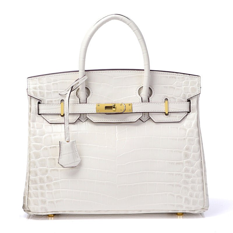 Crocodile - Embossed Structured Leather Handbag – Elegant Satchel with Gold Hardware - in White | Arvea Bags