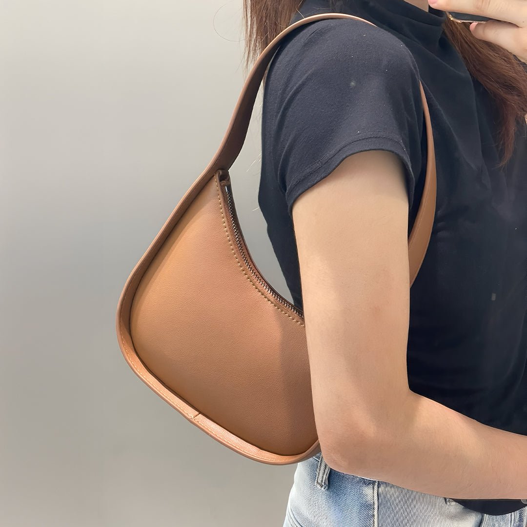 Curved Camel Leather Shoulder Bag for Women – Minimalist Everyday Style - in Caramel | Arvea Bags