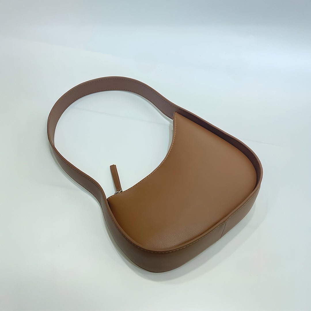 Curved Camel Leather Shoulder Bag for Women – Minimalist Everyday Style - in Caramel | Arvea Bags
