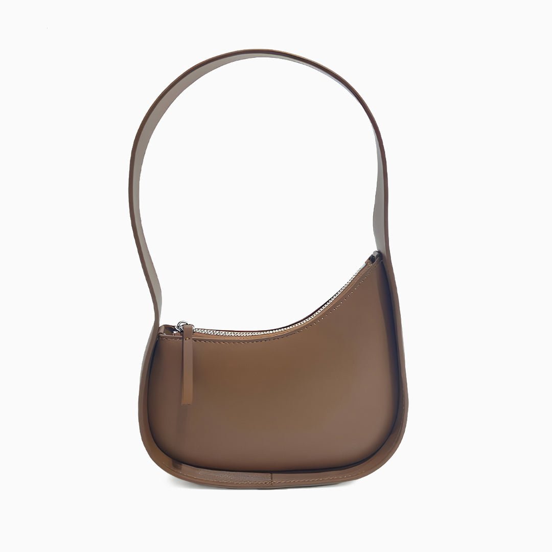 Curved Camel Leather Shoulder Bag for Women – Minimalist Everyday Style - in Caramel | Arvea Bags