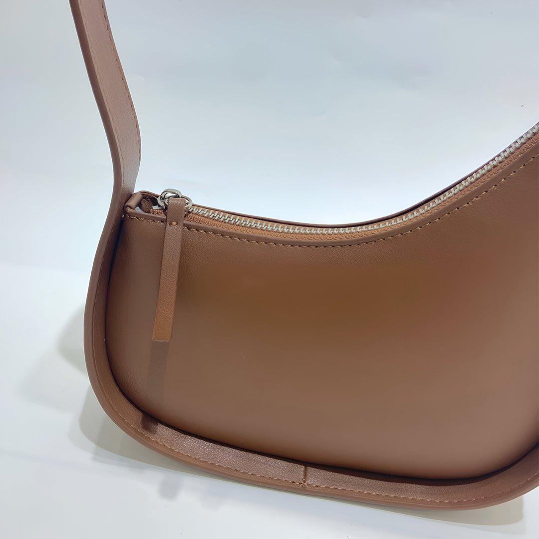 Curved Camel Leather Shoulder Bag for Women – Minimalist Everyday Style - in Caramel | Arvea Bags