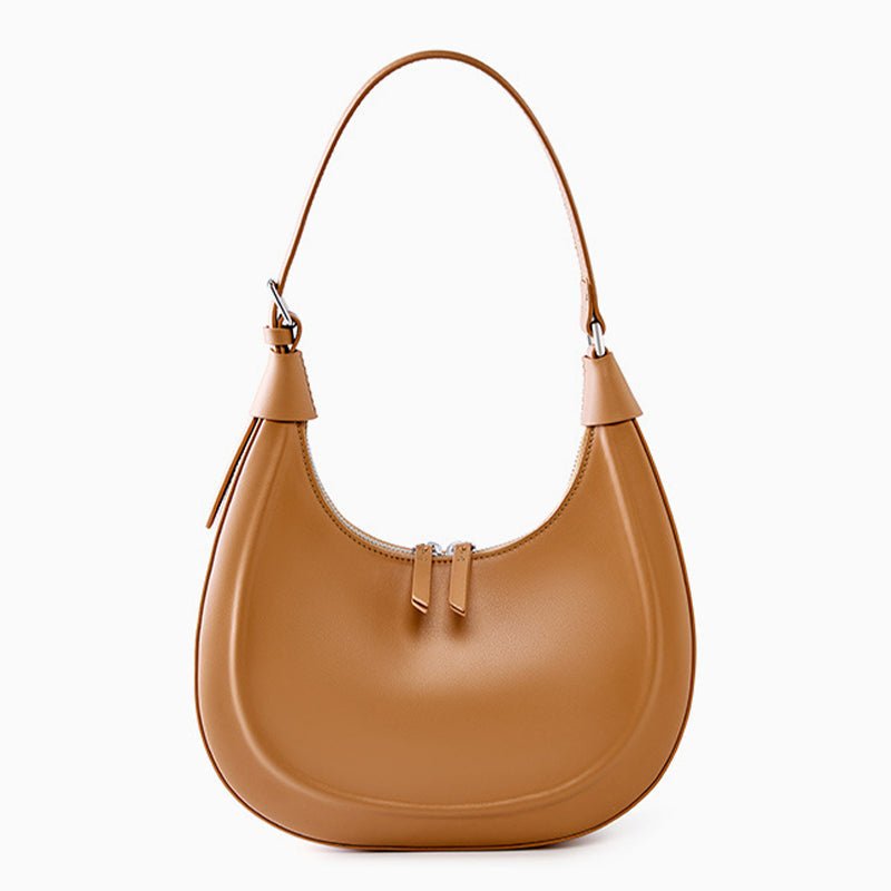 Dahlia Crescent Shoulder Bag – Sleek Black Minimalist Design - in Caramel | Arvea Bags