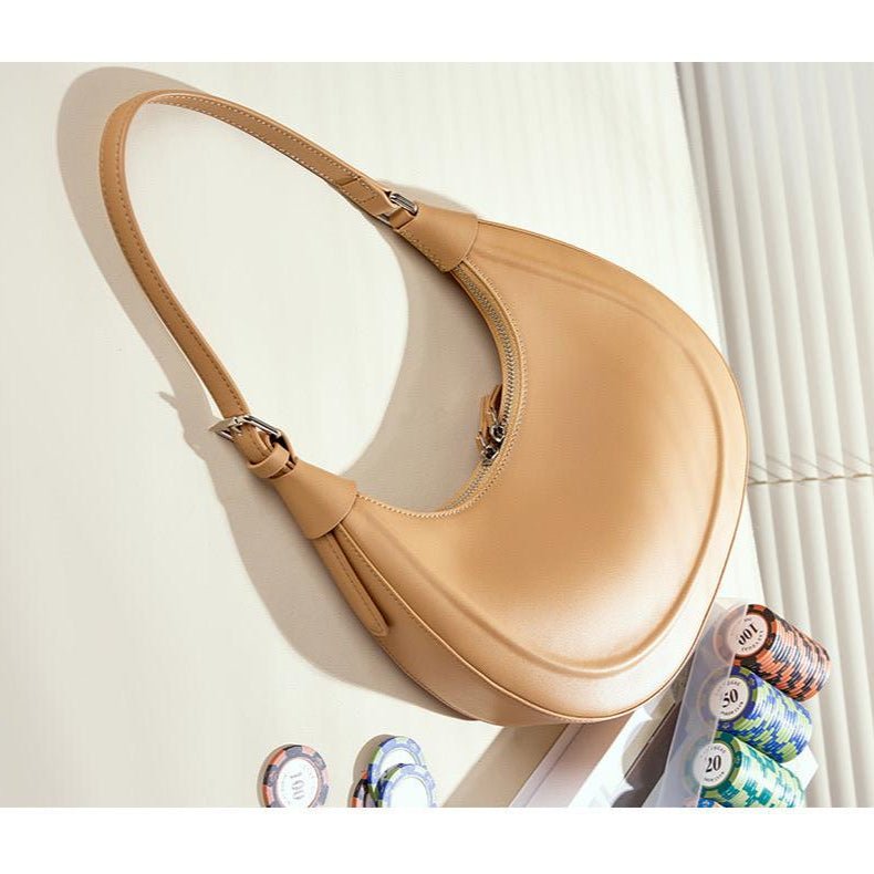 Dahlia Crescent Shoulder Bag – Sleek Black Minimalist Design - in Caramel | Arvea Bags