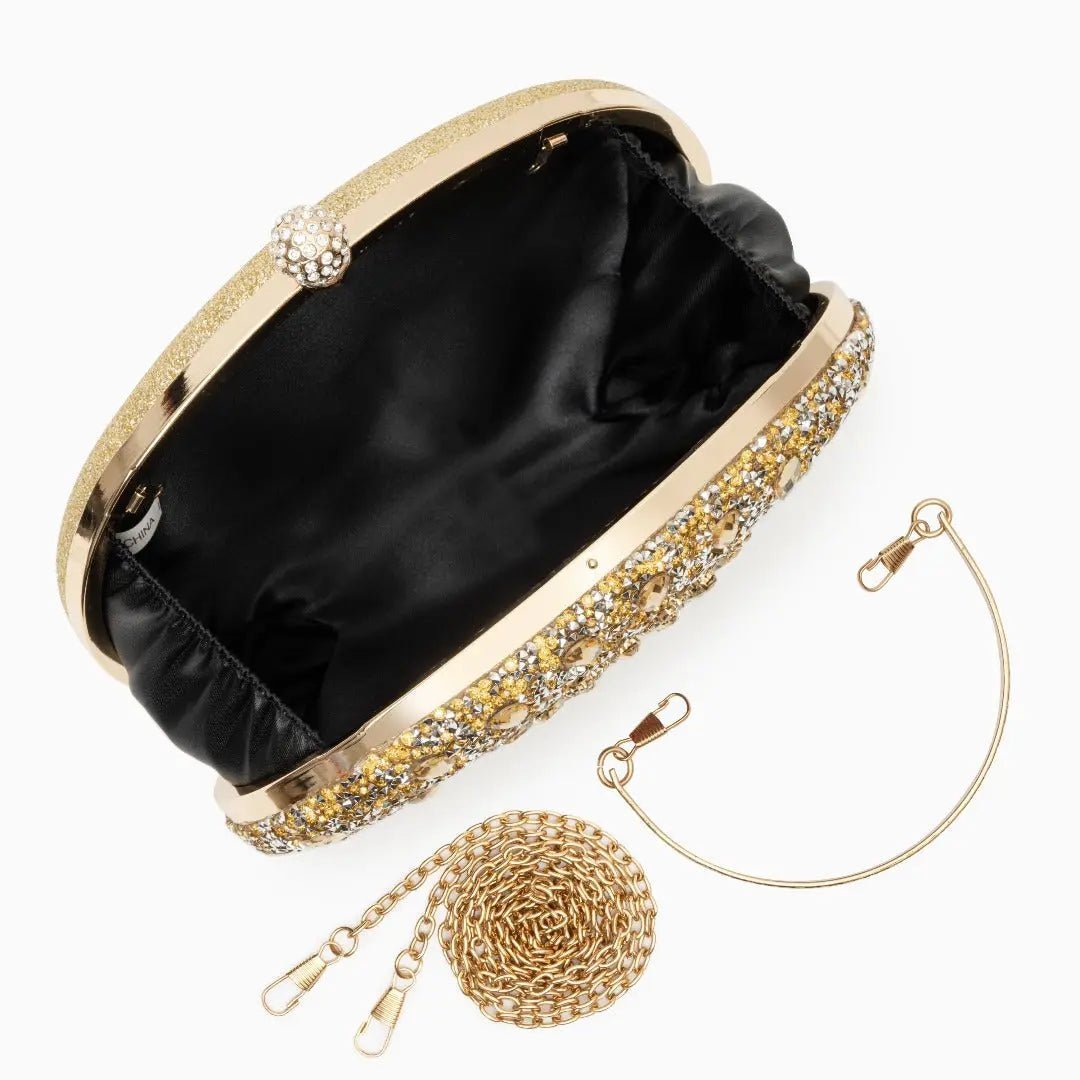 Dahlia | Pink Crystal Floral Evening Clutch – Radiant Bloom - in Gold | Arvea Bags