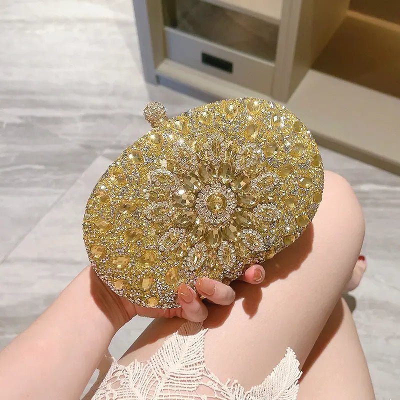 Dahlia | Pink Crystal Floral Evening Clutch – Radiant Bloom - in Gold | Arvea Bags