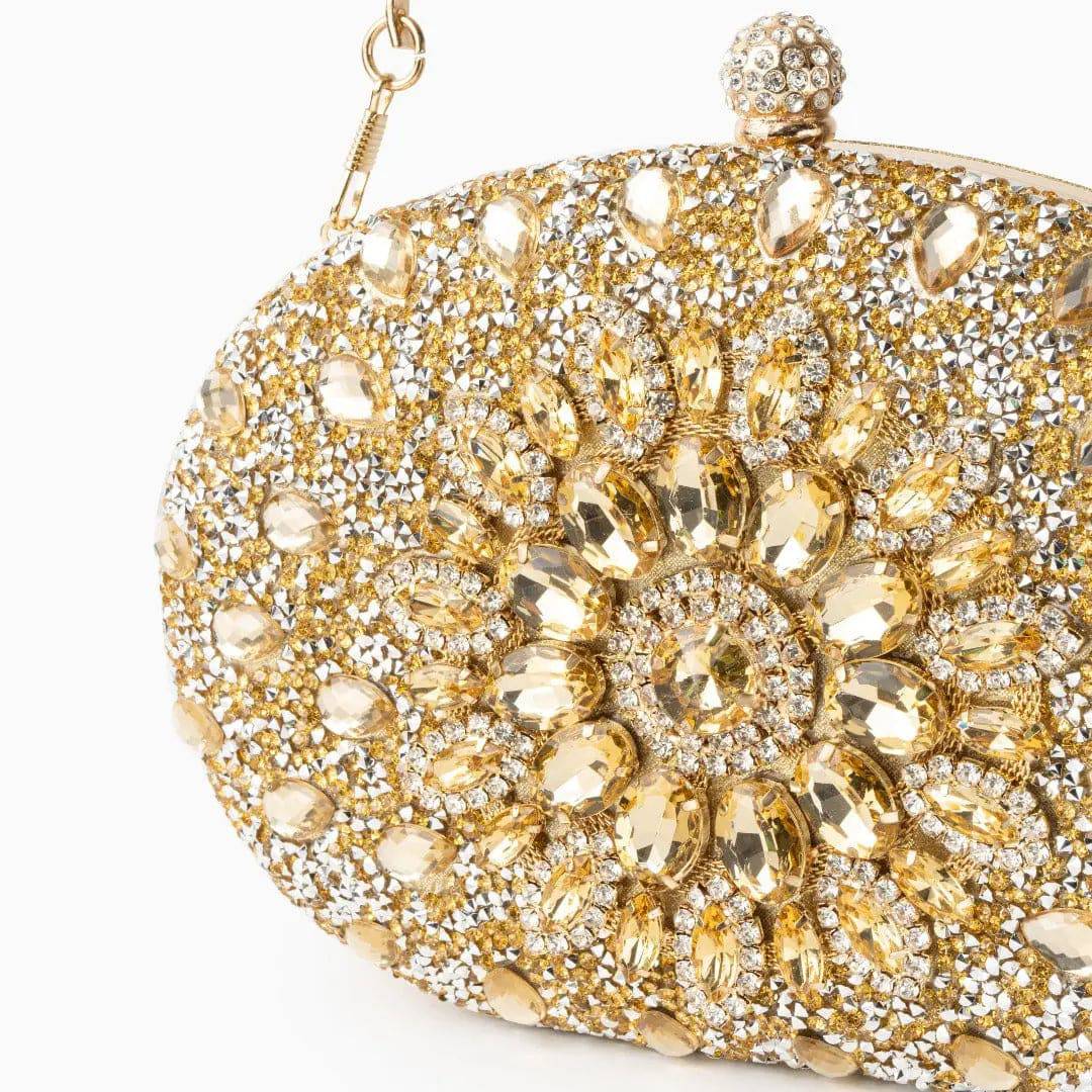 Dahlia | Pink Crystal Floral Evening Clutch – Radiant Bloom - in Gold | Arvea Bags
