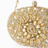 Dahlia | Pink Crystal Floral Evening Clutch – Radiant Bloom - in Gold | Arvea Bags
