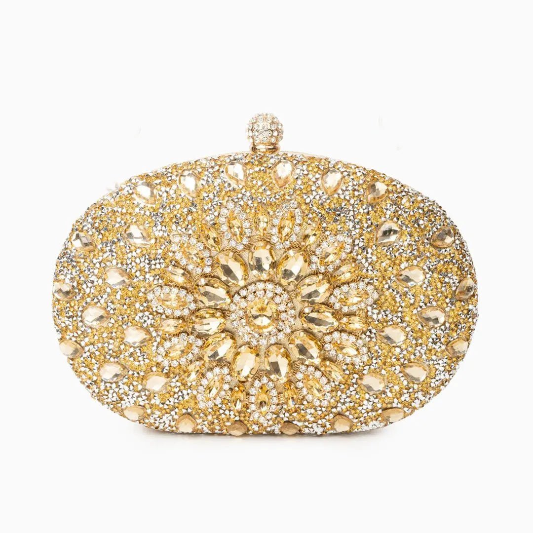 Dahlia | Pink Crystal Floral Evening Clutch – Radiant Bloom - in Gold | Arvea Bags