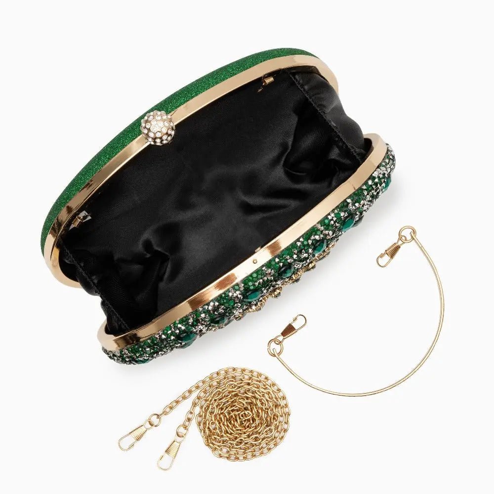 Dahlia | Pink Crystal Floral Evening Clutch – Radiant Bloom - in Green | Arvea Bags