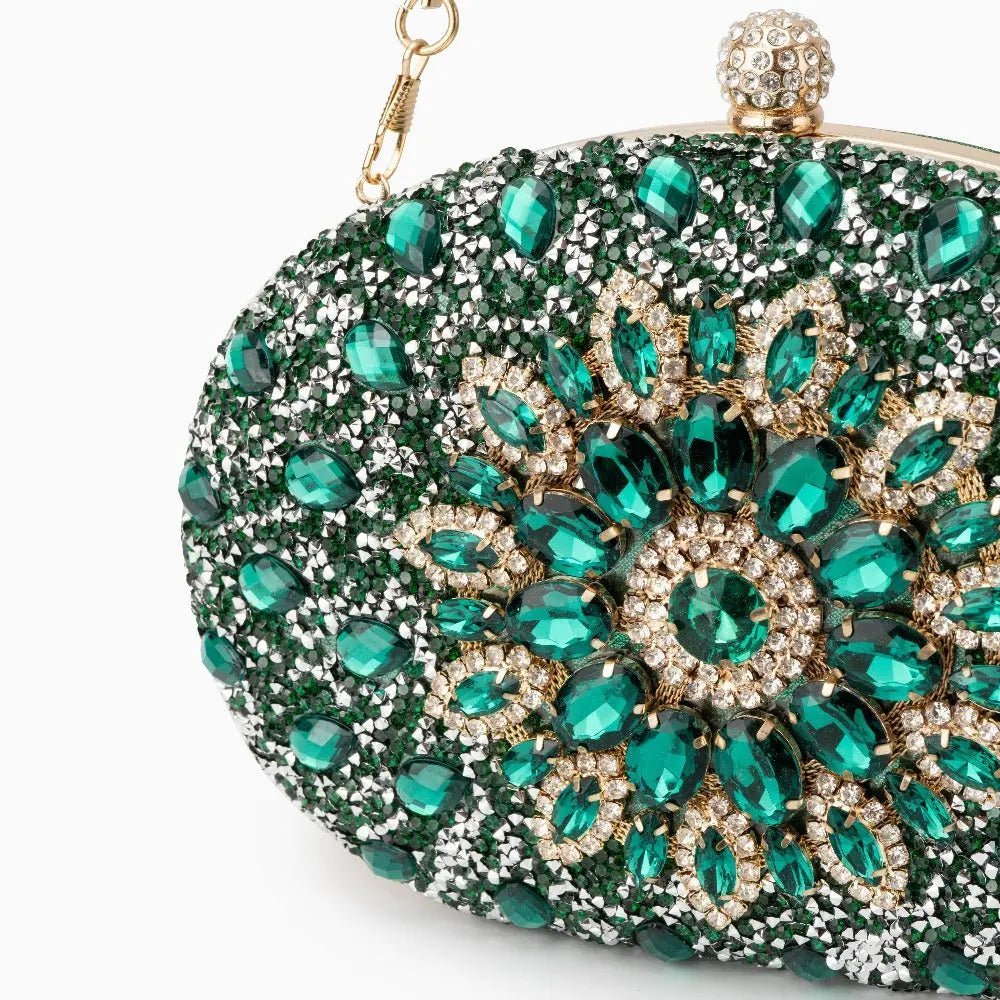 Dahlia | Pink Crystal Floral Evening Clutch – Radiant Bloom - in Green | Arvea Bags