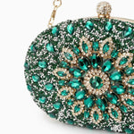 Dahlia | Pink Crystal Floral Evening Clutch – Radiant Bloom - in Green | Arvea Bags