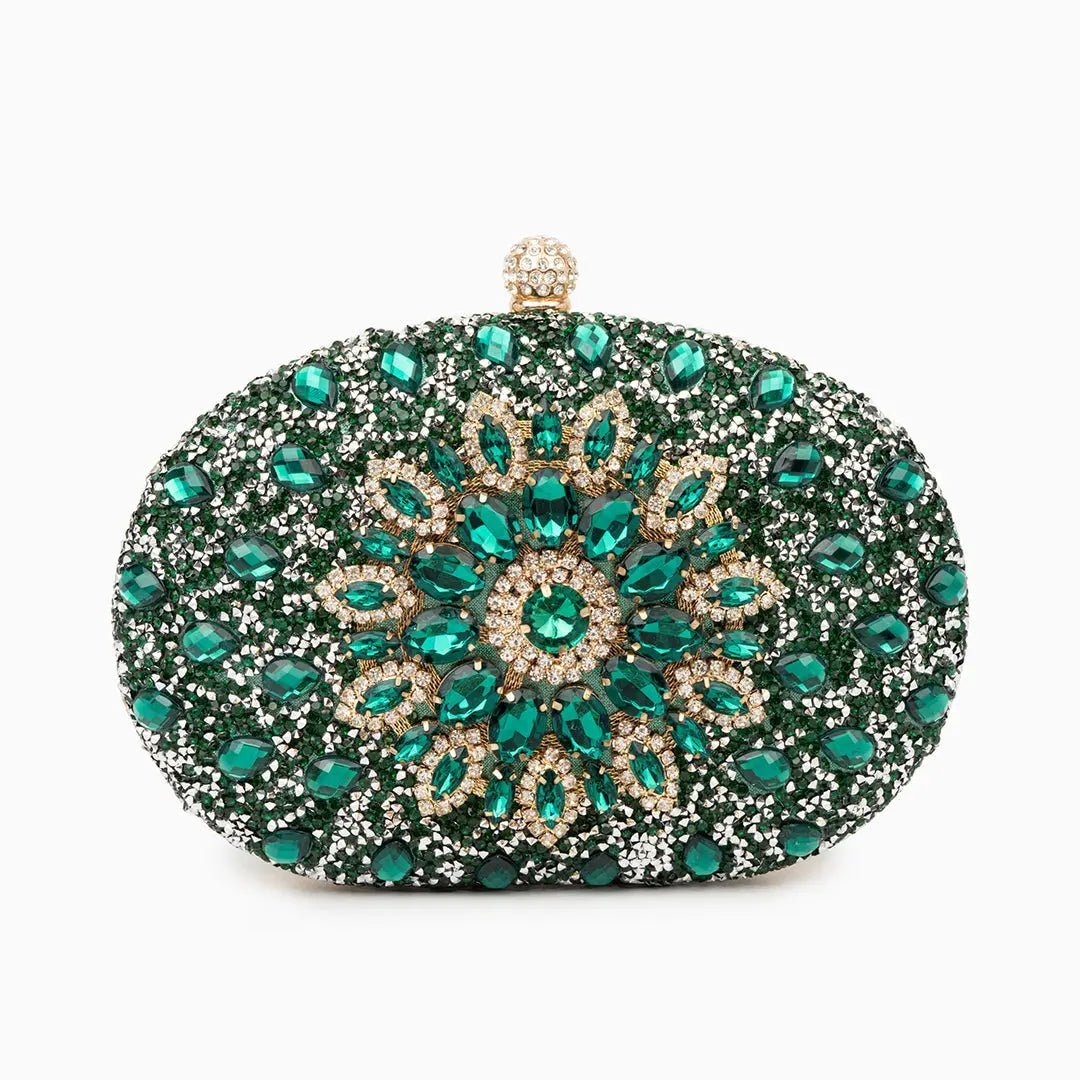 Dahlia | Pink Crystal Floral Evening Clutch – Radiant Bloom - in Green | Arvea Bags