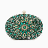 Dahlia | Pink Crystal Floral Evening Clutch – Radiant Bloom - in Green | Arvea Bags