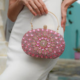 Dahlia | Pink Crystal Floral Evening Clutch – Radiant Bloom - in Salmon Pink | Arvea Bags