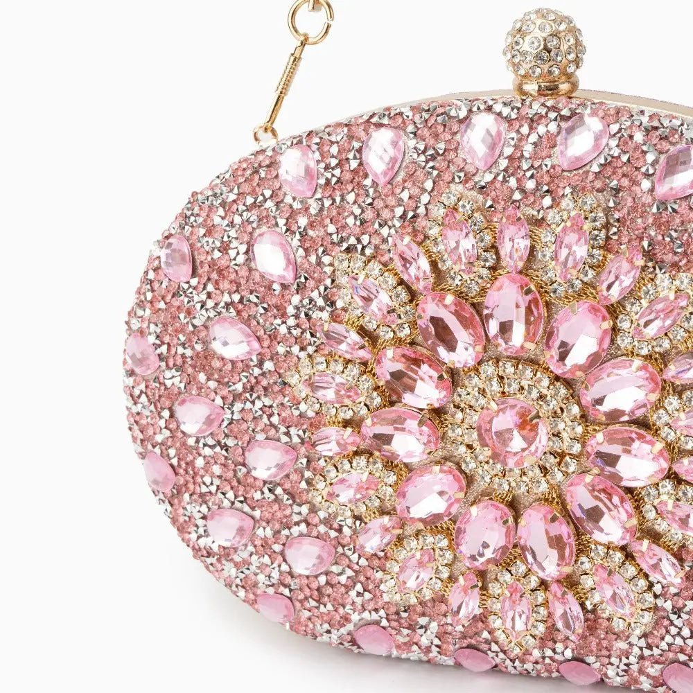 Dahlia | Pink Crystal Floral Evening Clutch – Radiant Bloom - in Salmon Pink | Arvea Bags