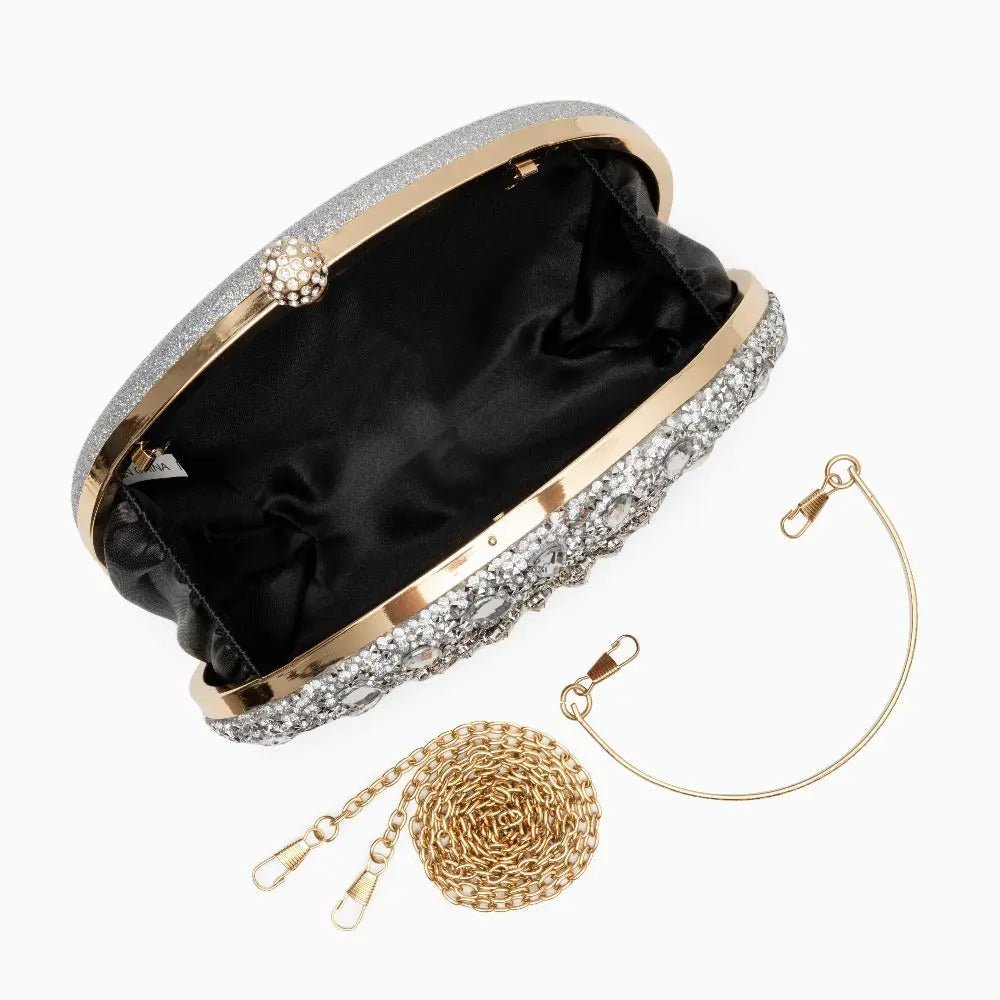 Dahlia | Pink Crystal Floral Evening Clutch – Radiant Bloom - in Silver | Arvea Bags