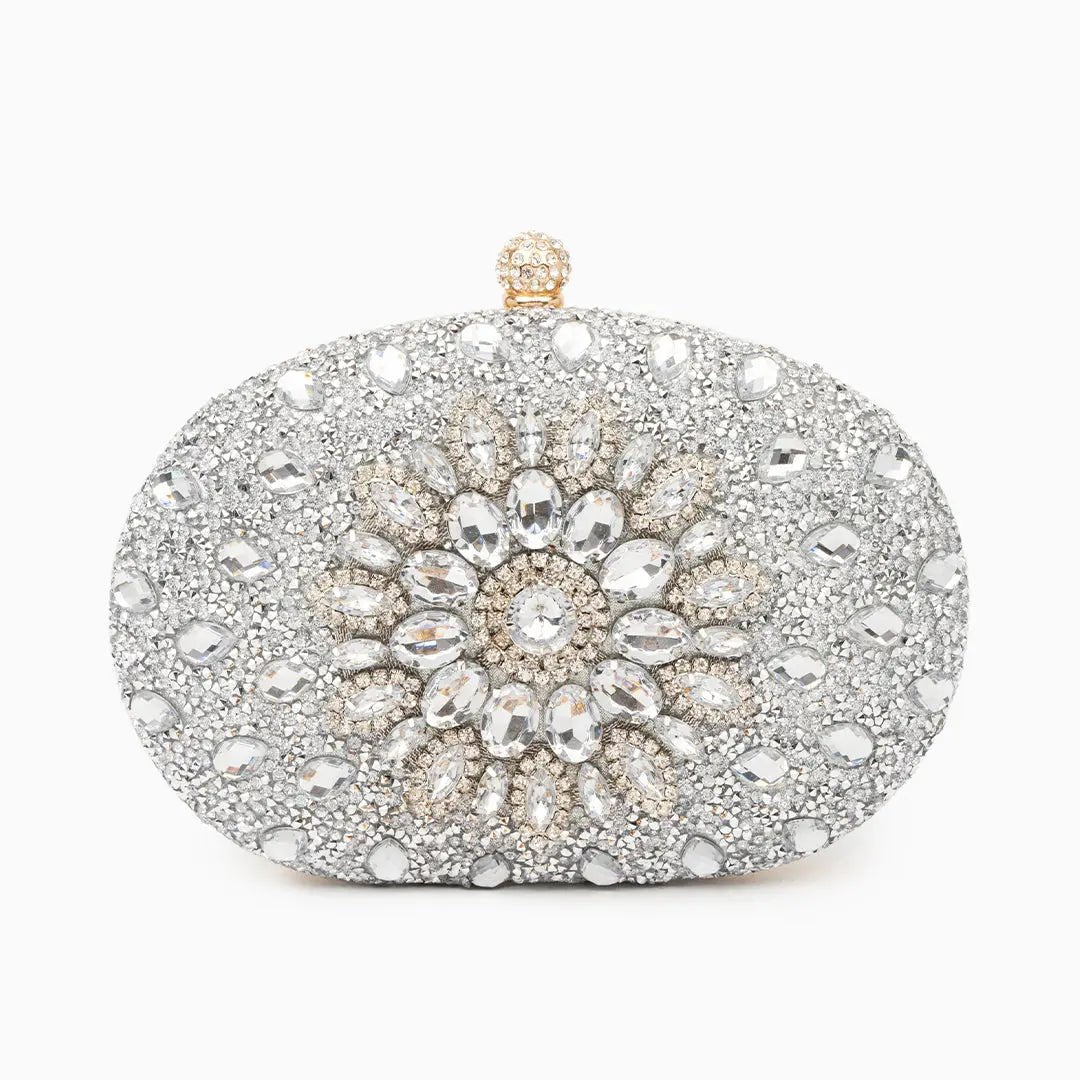 Dahlia | Pink Crystal Floral Evening Clutch – Radiant Bloom - in Silver | Arvea Bags