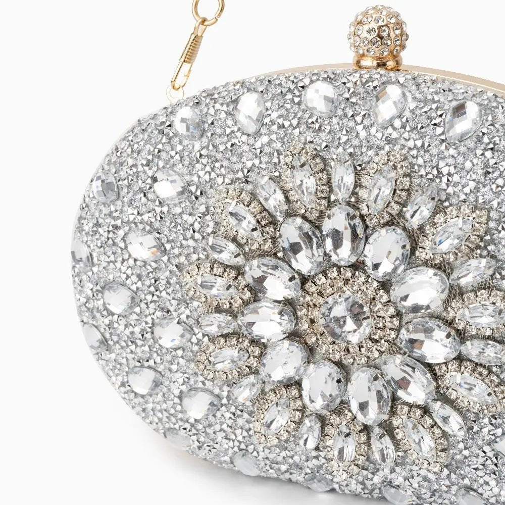 Dahlia | Pink Crystal Floral Evening Clutch – Radiant Bloom - in Silver | Arvea Bags