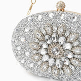 Dahlia | Pink Crystal Floral Evening Clutch – Radiant Bloom - in Silver | Arvea Bags