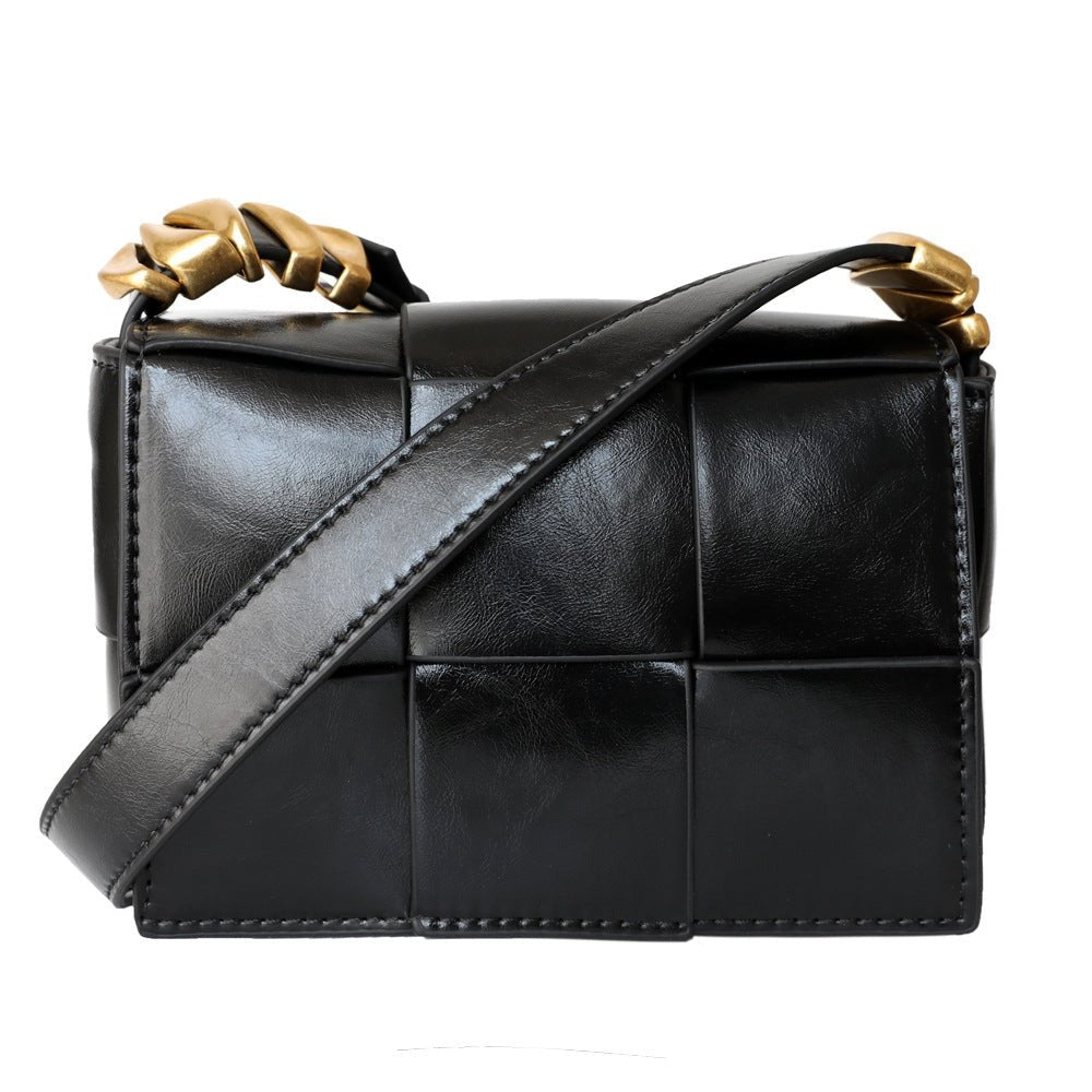 Delphine | Black Woven Leather Small Handbags Crossbody Flap Square Purse - in Black | Arvea Bags
