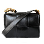 Delphine | Black Woven Leather Small Handbags Crossbody Flap Square Purse - in Black | Arvea Bags
