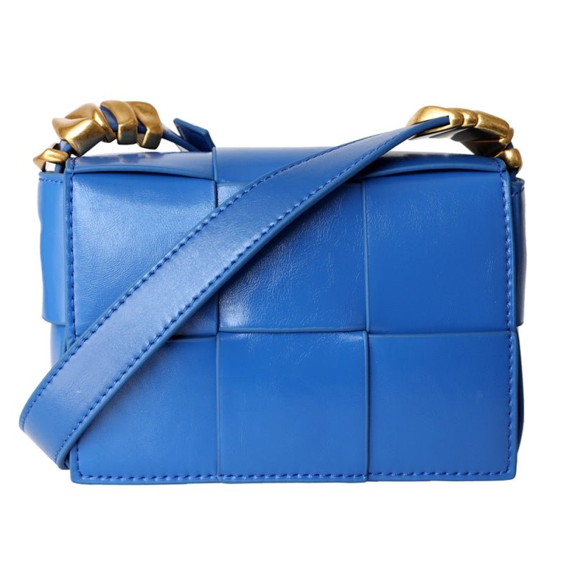 Delphine | Black Woven Leather Small Handbags Crossbody Flap Square Purse - in Blue | Arvea Bags