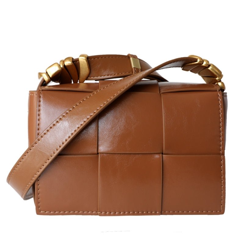 Delphine | Black Woven Leather Small Handbags Crossbody Flap Square Purse - in Brown | Arvea Bags