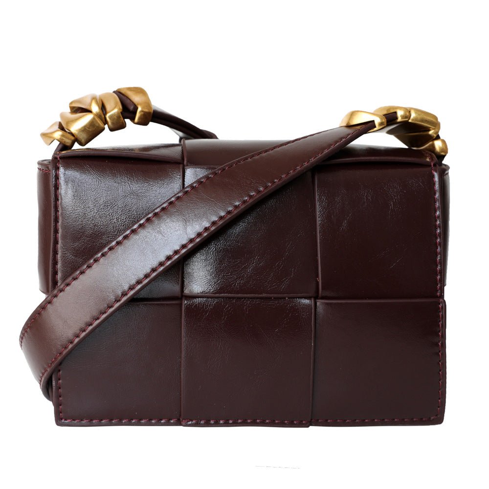 Delphine | Black Woven Leather Small Handbags Crossbody Flap Square Purse - in Coffee | Arvea Bags