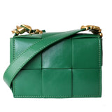 Delphine | Black Woven Leather Small Handbags Crossbody Flap Square Purse - in Green | Arvea Bags