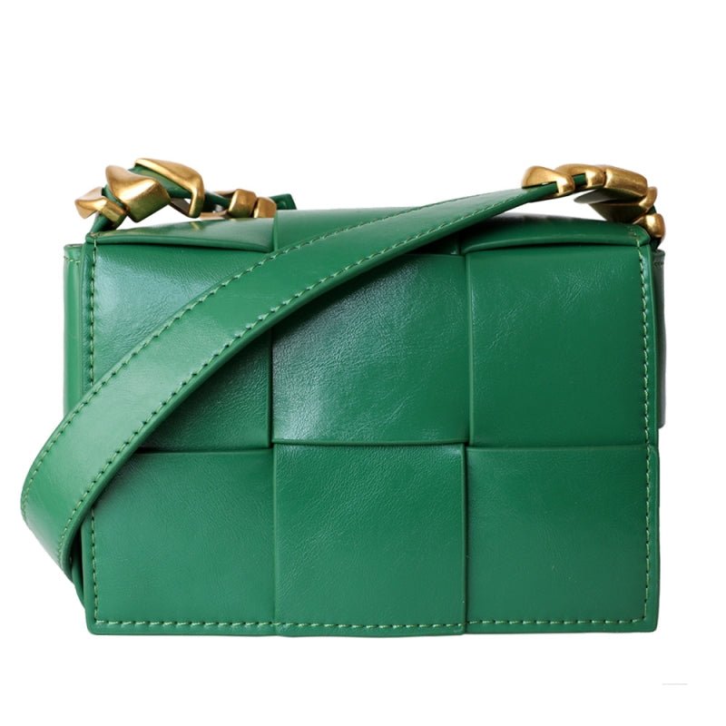 Delphine | Black Woven Leather Small Handbags Crossbody Flap Square Purse - in Green | Arvea Bags