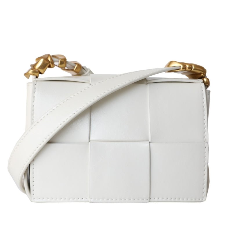 Delphine | Black Woven Leather Small Handbags Crossbody Flap Square Purse - in Light Beige | Arvea Bags