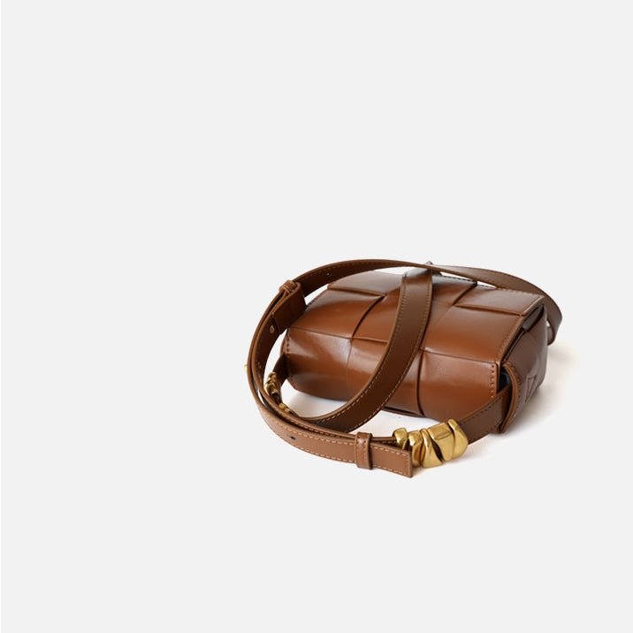 Delphine | Black Woven Leather Small Handbags Crossbody Flap Square Purse - in Light Beige | Arvea Bags