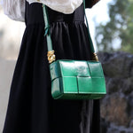 Delphine | Black Woven Leather Small Handbags Crossbody Flap Square Purse - in Light Beige | Arvea Bags