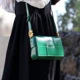 Delphine | Black Woven Leather Small Handbags Crossbody Flap Square Purse - in Light Beige | Arvea Bags