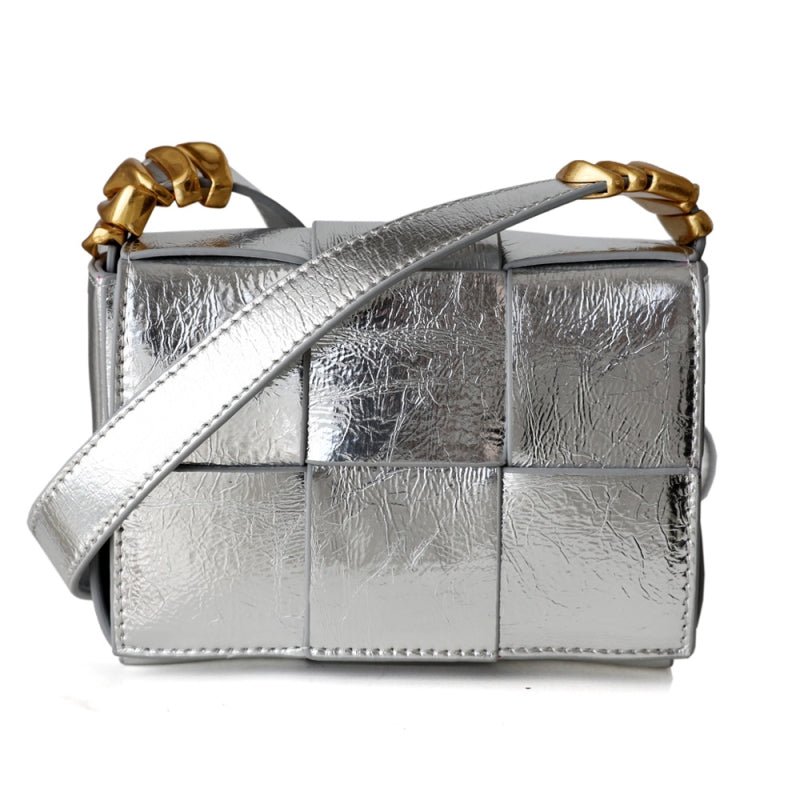 Delphine | Black Woven Leather Small Handbags Crossbody Flap Square Purse - in Silver | Arvea Bags