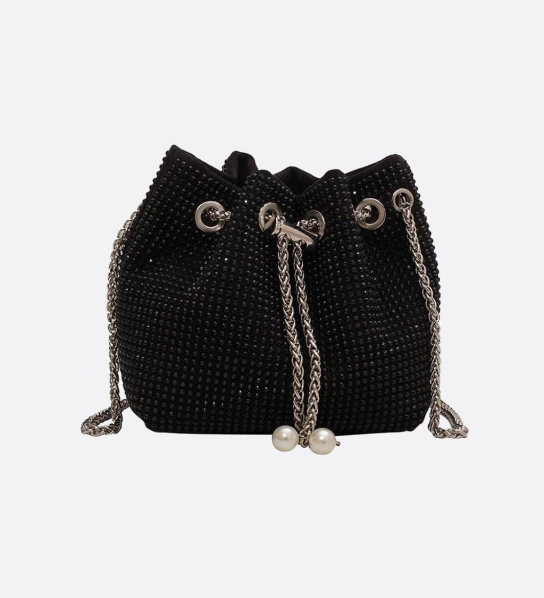 Drawstring bucket bag with rhinestones and chain strap - in Black | Arvea Bags