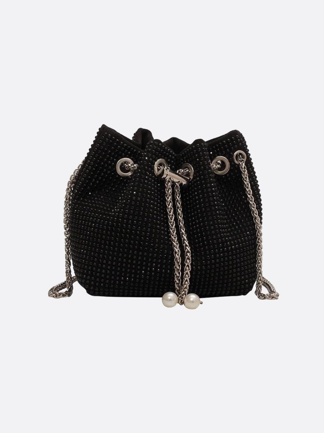 Drawstring bucket bag with rhinestones and chain strap - in Black | Arvea Bags