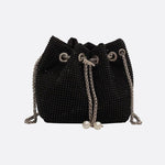 Drawstring bucket bag with rhinestones and chain strap - in Black | Arvea Bags