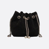 Drawstring bucket bag with rhinestones and chain strap - in Black | Arvea Bags