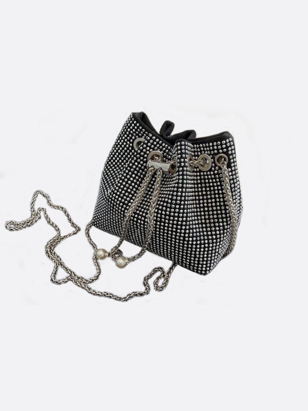 Drawstring bucket bag with rhinestones and chain strap - in Silver | Arvea Bags
