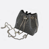 Drawstring bucket bag with rhinestones and chain strap - in Silver | Arvea Bags