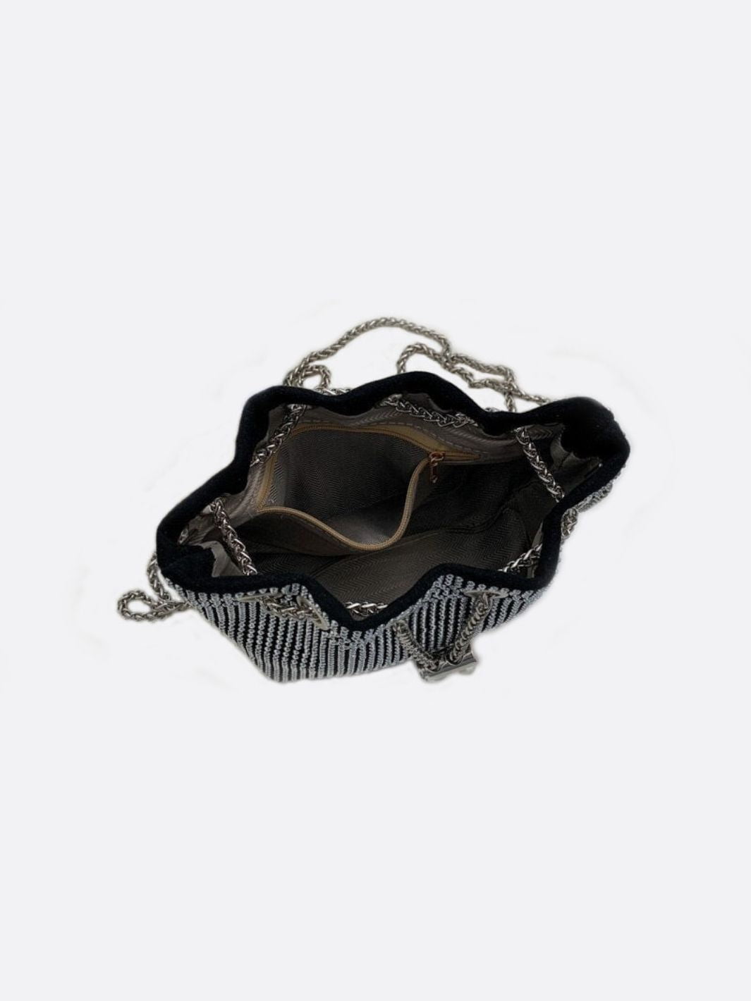 Drawstring bucket bag with rhinestones and chain strap - in Silver | Arvea Bags